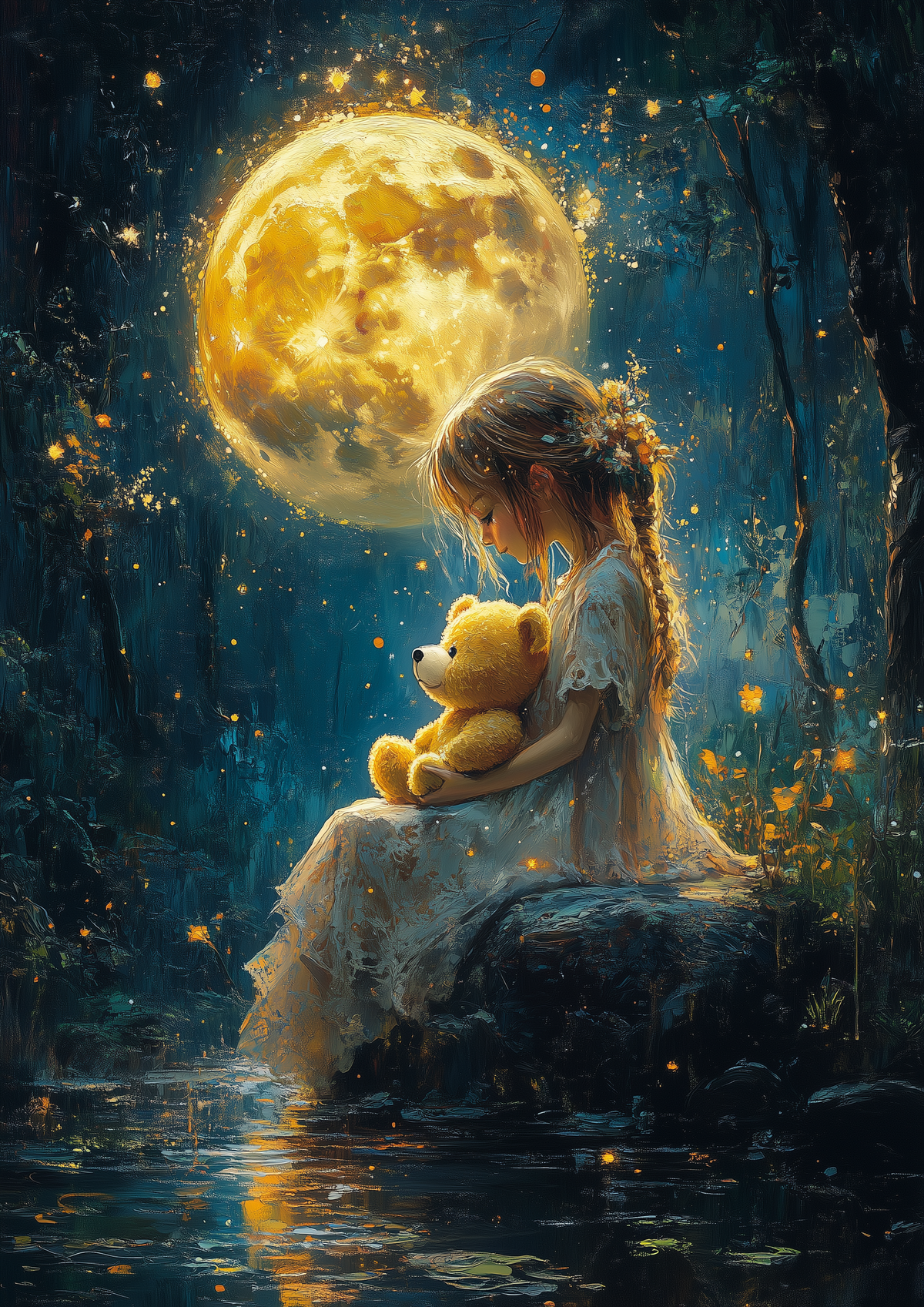 Full Moon Girl And Teddy Bear Diamond Art Kit