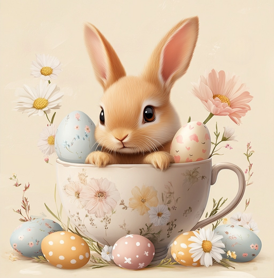 Flower Teacup Tan Rabbit Diamond Art Kit