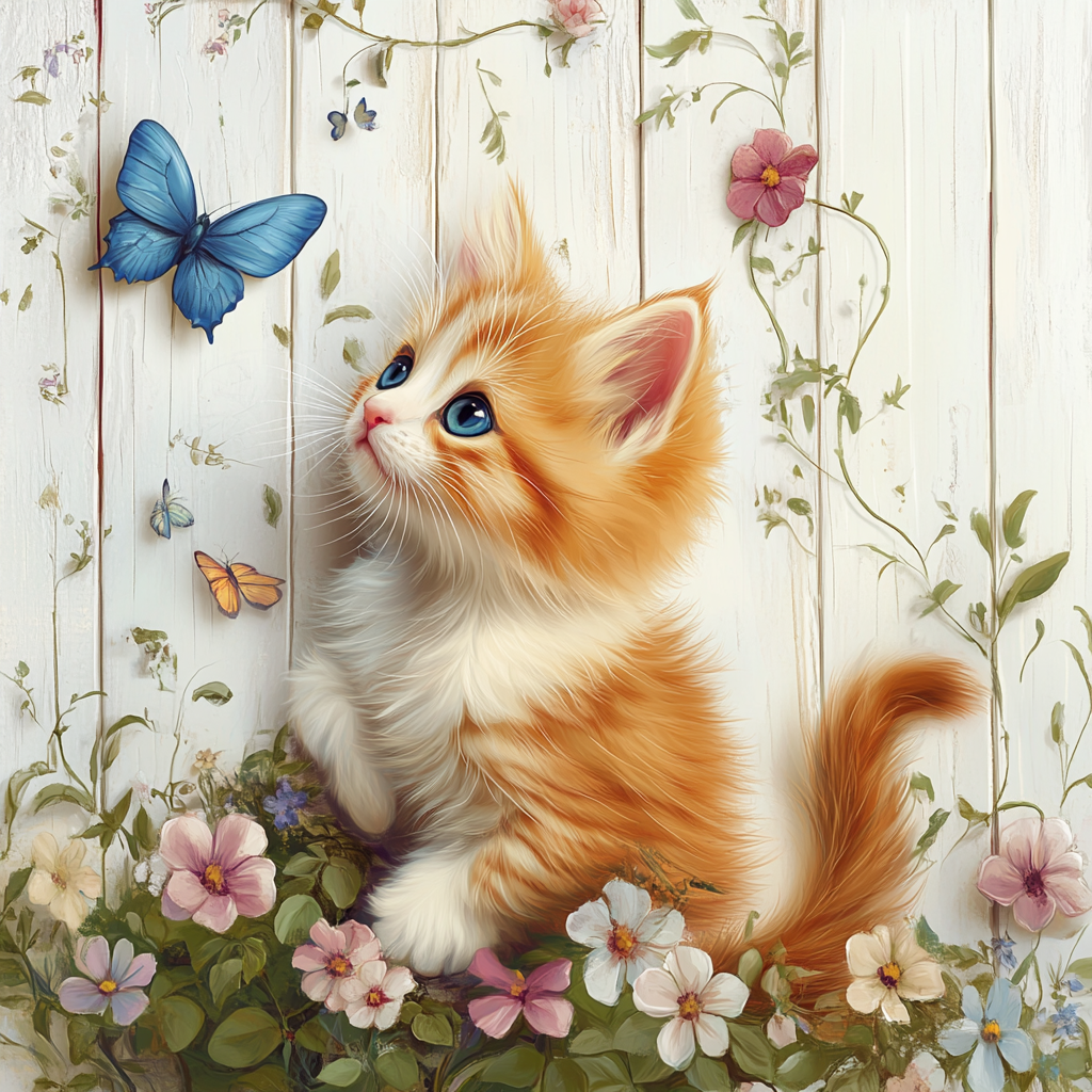 Ginger Kitten And Blue Butterfly Diamond Art Kit