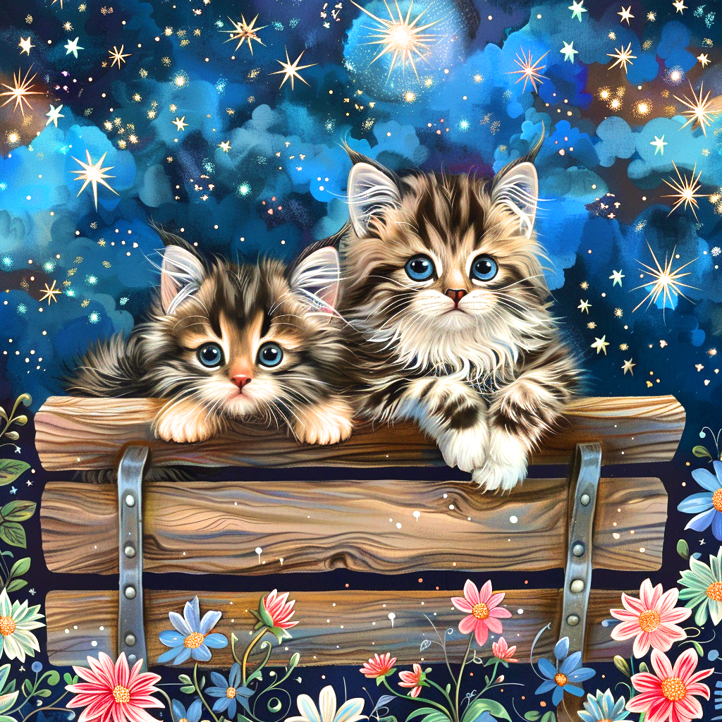 Two Kittens Wood Bench Diamond Art Kit