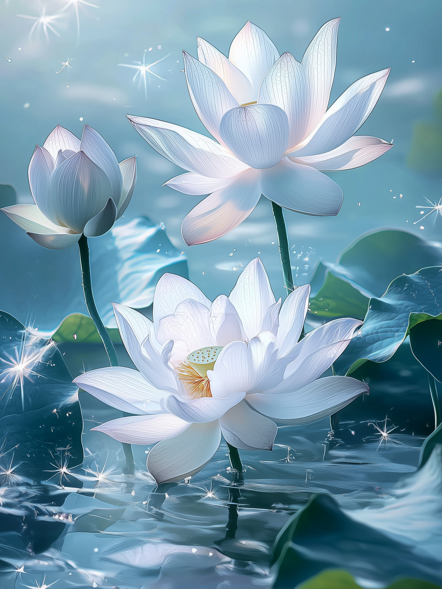 Three White Lotus Flowers Diamond Art Kit