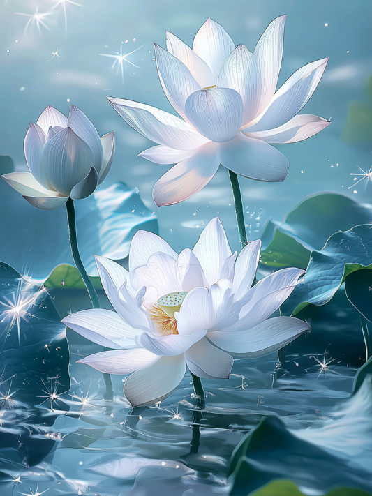 Three White Lotus Flowers Diamond Art Kit
