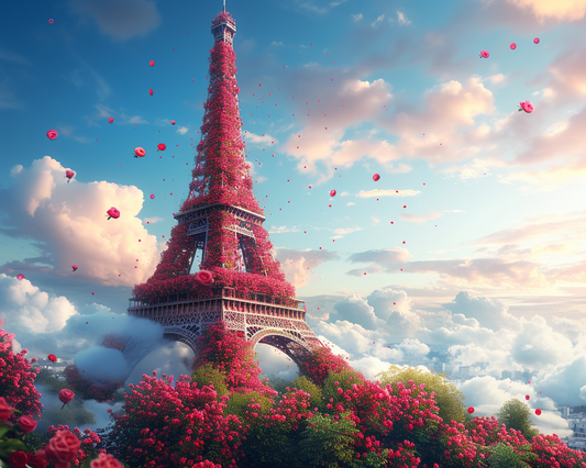 Abstract Pink Flower Eiffel Tower Diamond Art Kit