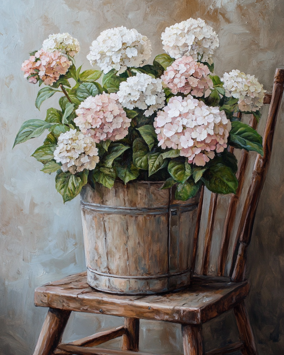 Wood Bucket Of Hydrangeas Diamond Art Kit