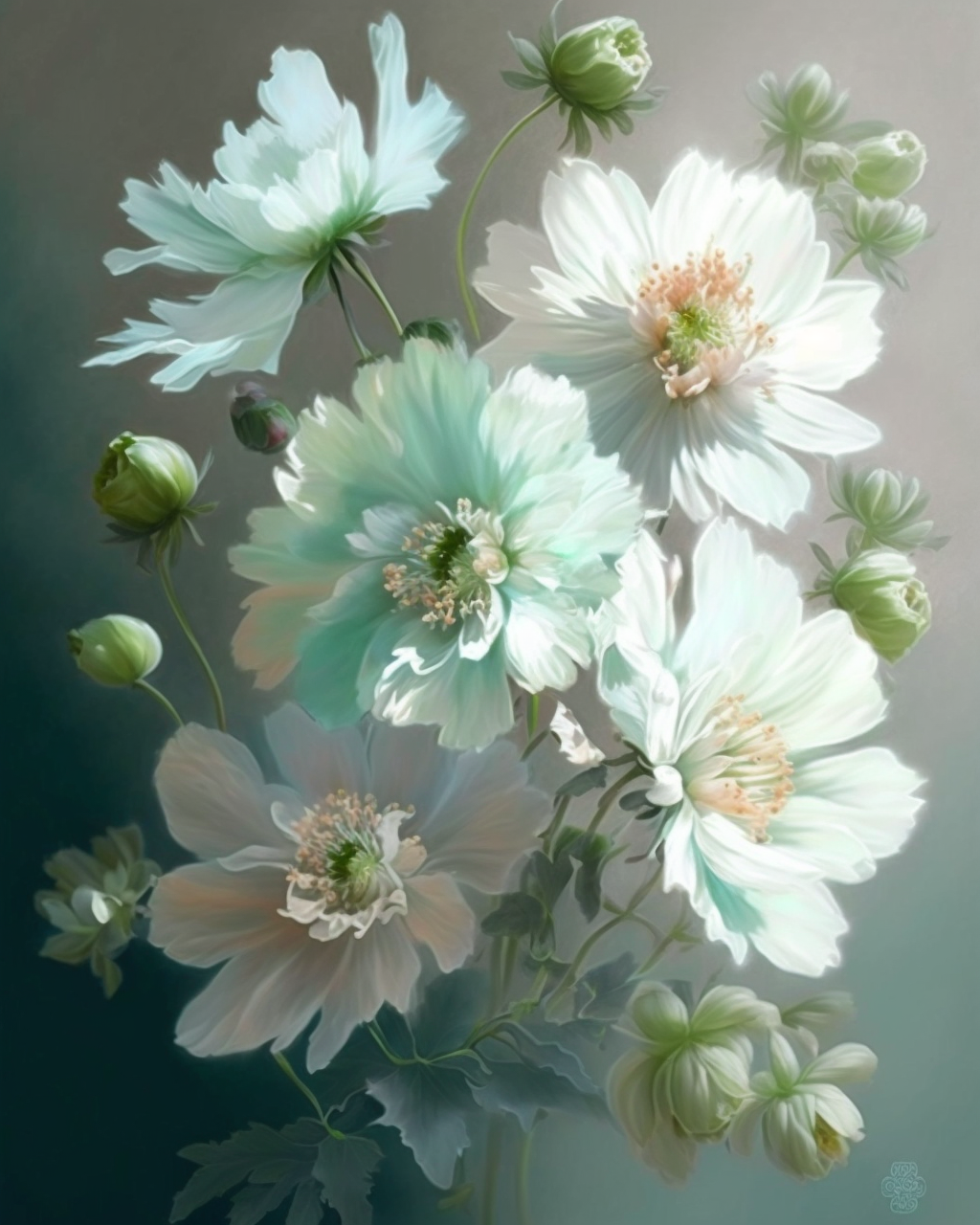 White Green Flowers Diamond Art Kit