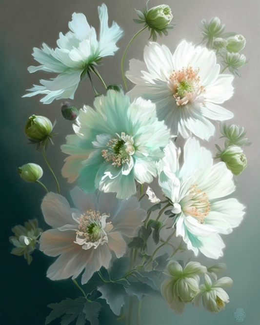 White Green Flowers Diamond Art Kit