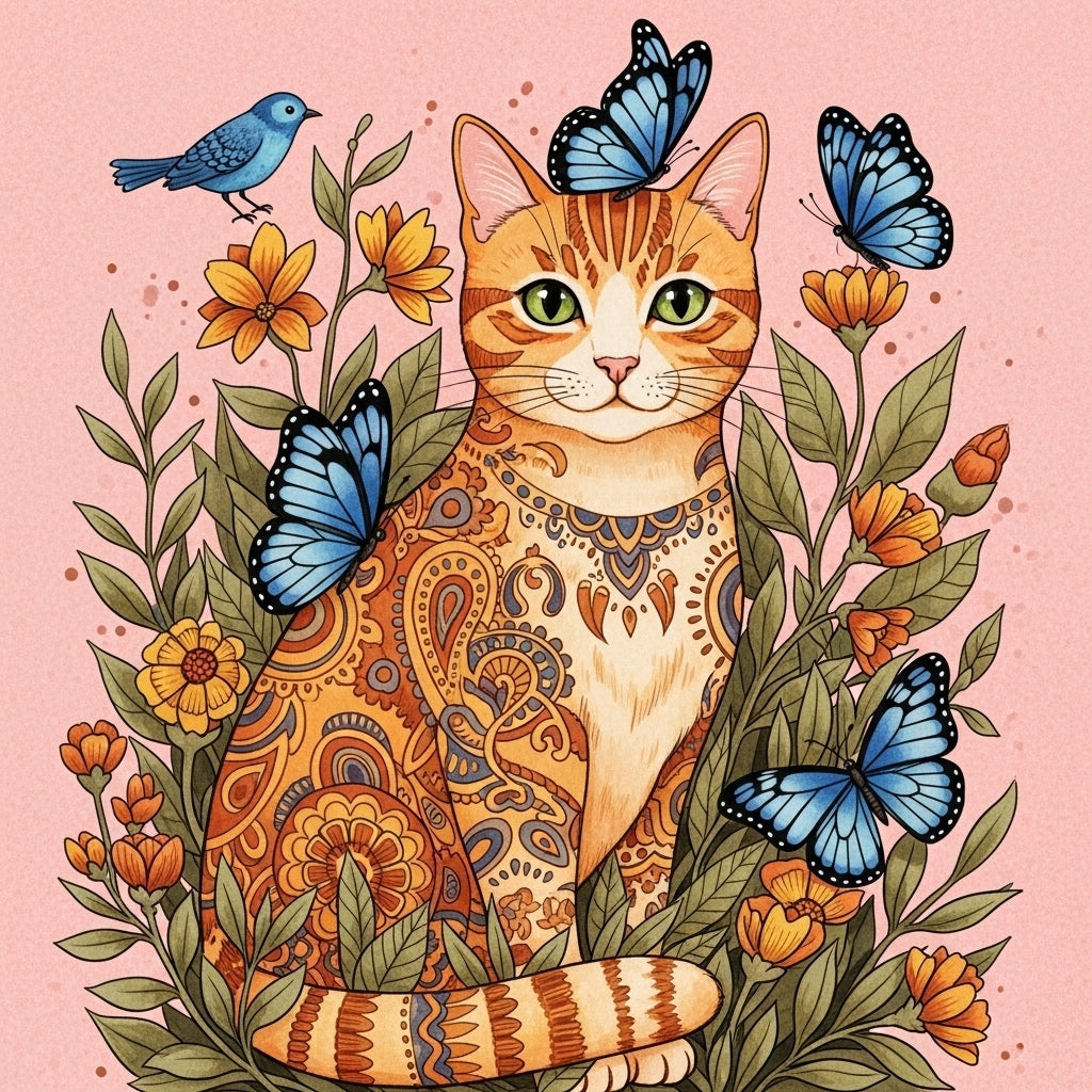 Bluebird And Butterflies Abstract Cat Diamond Art Kit
