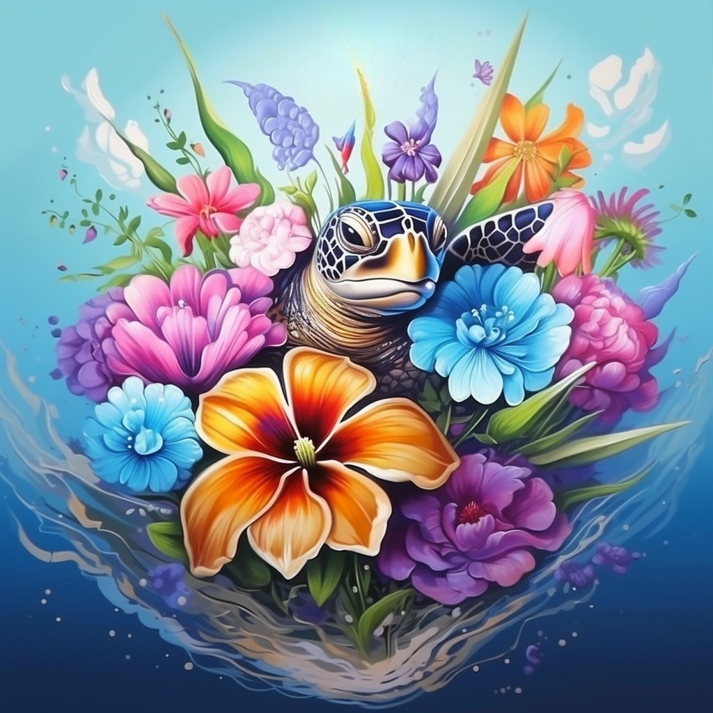 Sea Turtle In Flowers Diamond Art Kit