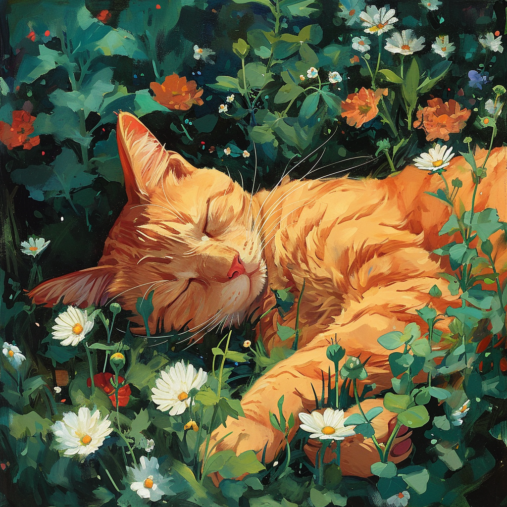 Orange Cat Sleeping In Flowers Diamond Art Kit
