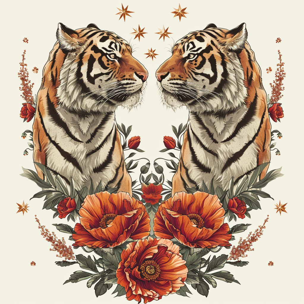 Double Tiger And Flowers Diamond Art Kit