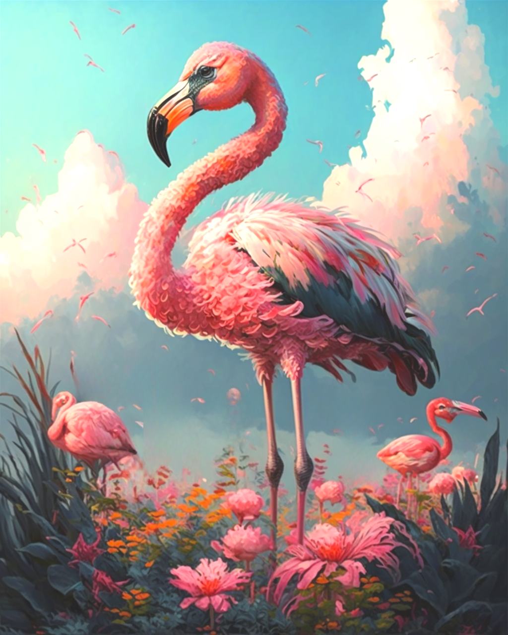 Pink Flamingo In Flowers Diamond Art Kit