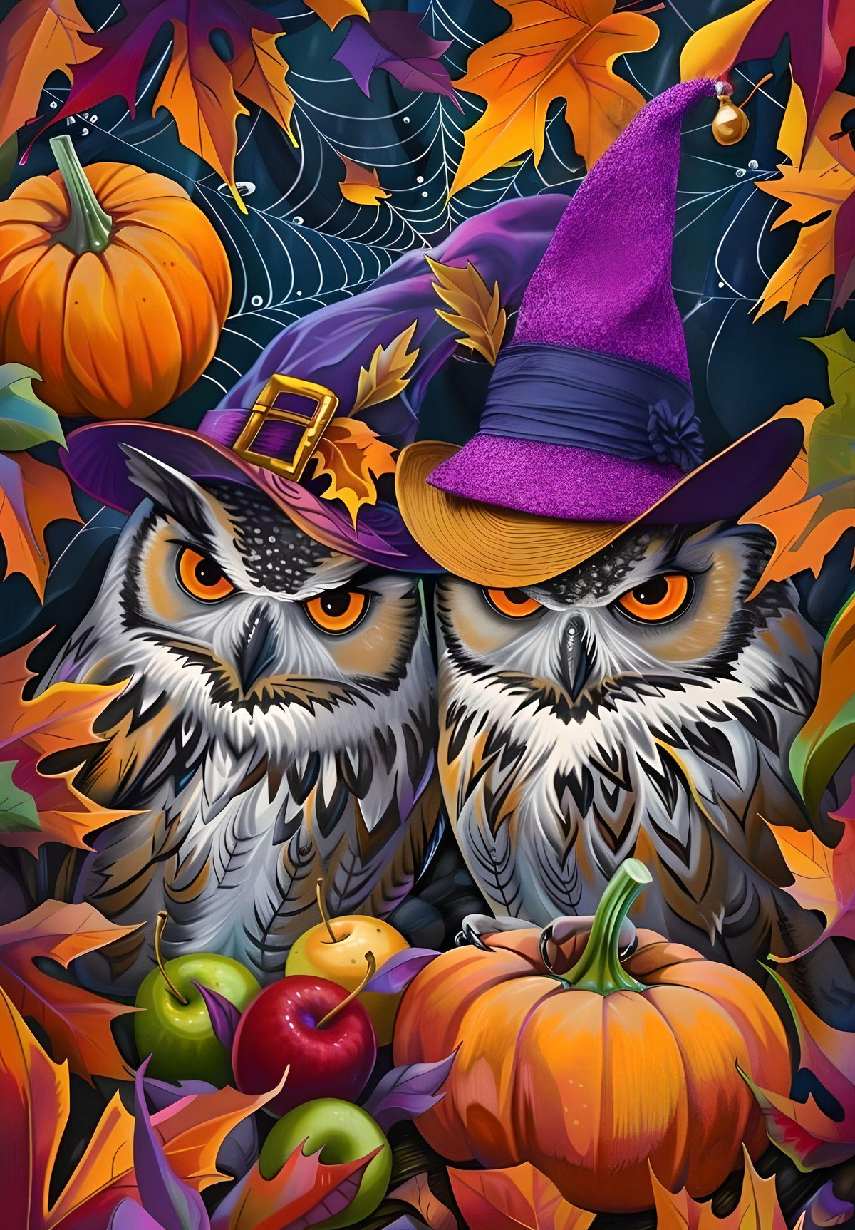 Two Pumpkin Witch Hat Owls Diamond Art Kit