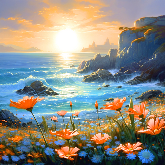 Flowers Ocean Sunset Diamond Art Kit