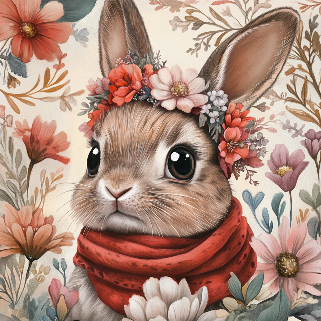 Knit Scarf Rabbit Flowers Diamond Art Kit