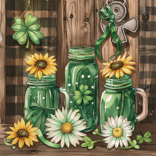 Green Jars And Flowers Diamond Art Kit
