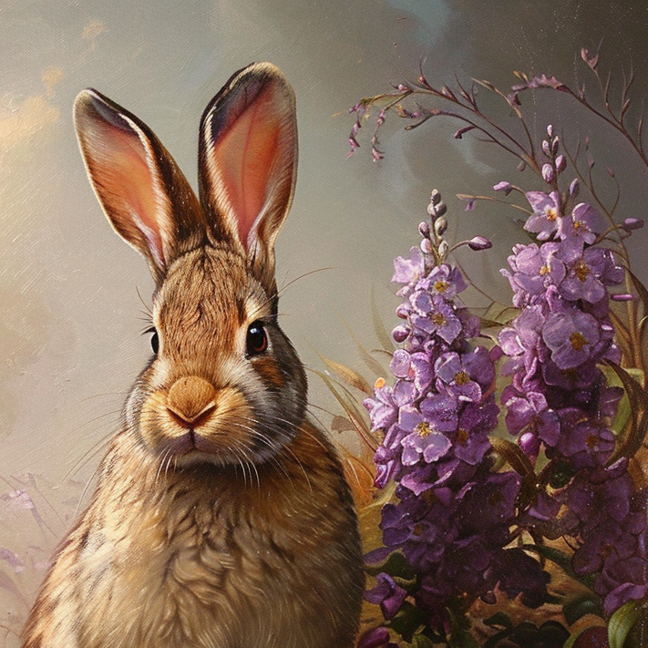 Tall Purple Flowers Rabbit Diamond Art Kit