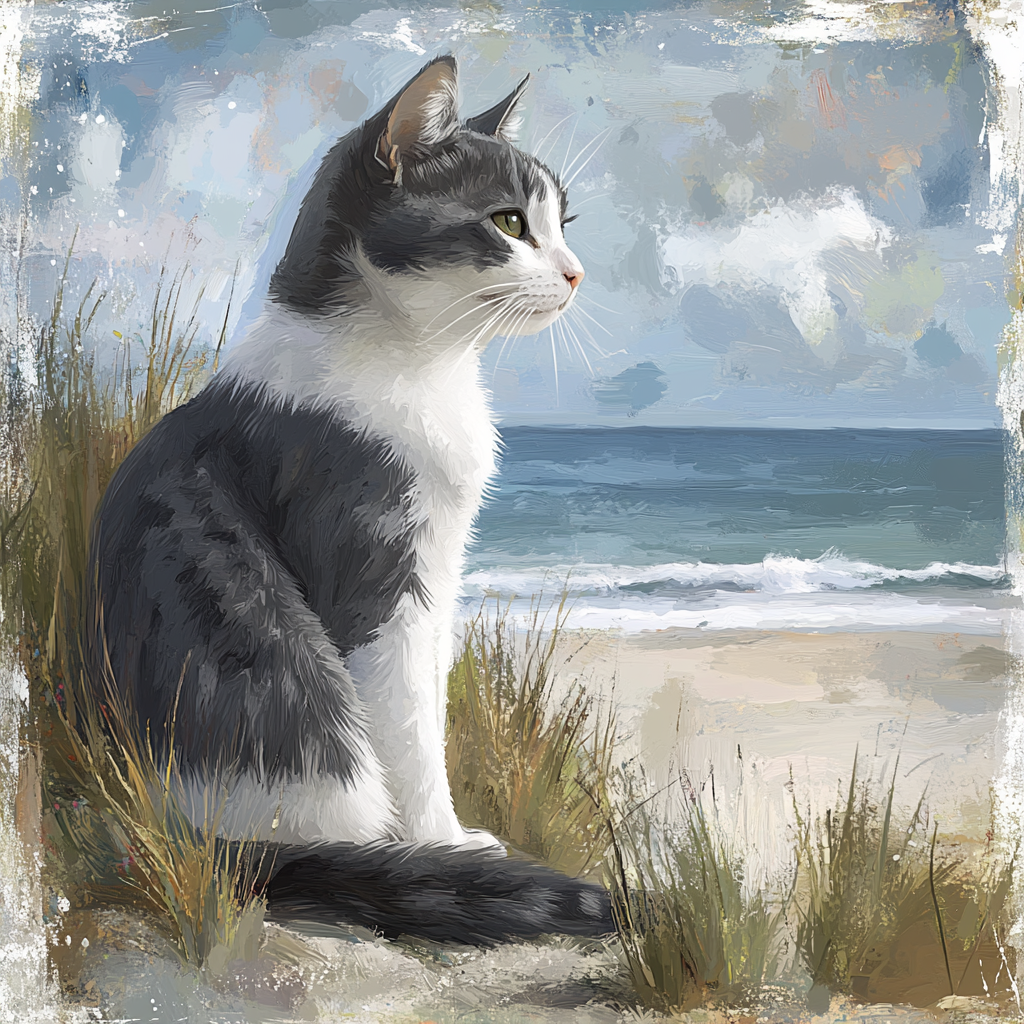 Grey White Cat At The Beach Diamond Art Kit