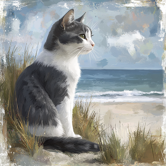 Grey White Cat At The Beach Diamond Art Kit