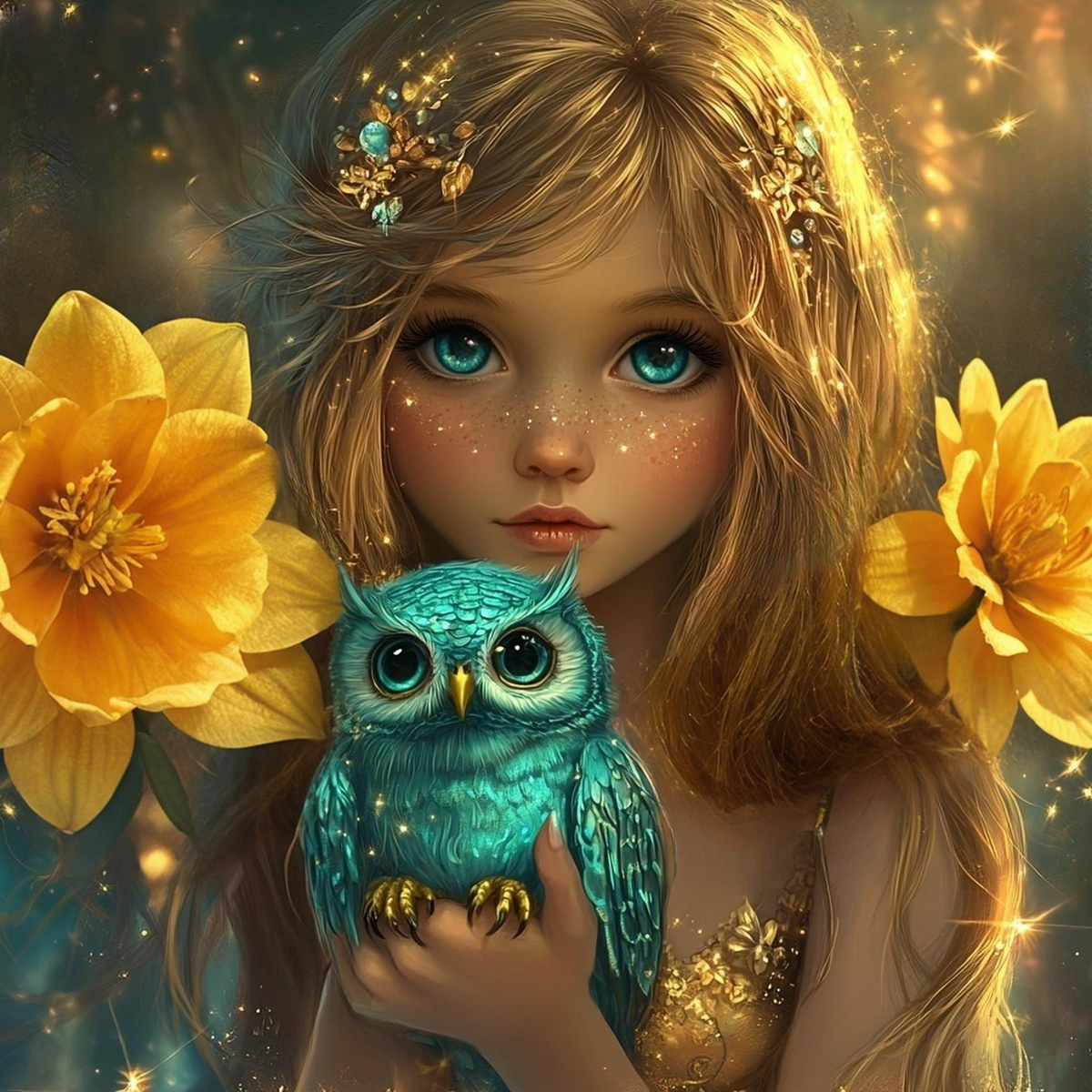 Teal Owl Golden Flower Fairy Diamond Art Kit