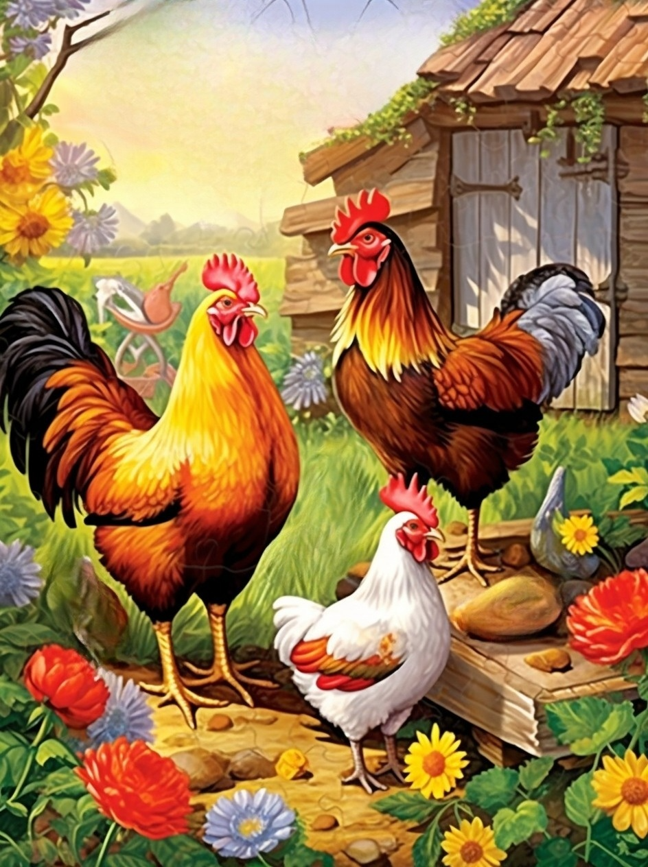 Three Roosters And Flowers Diamond Art Kit