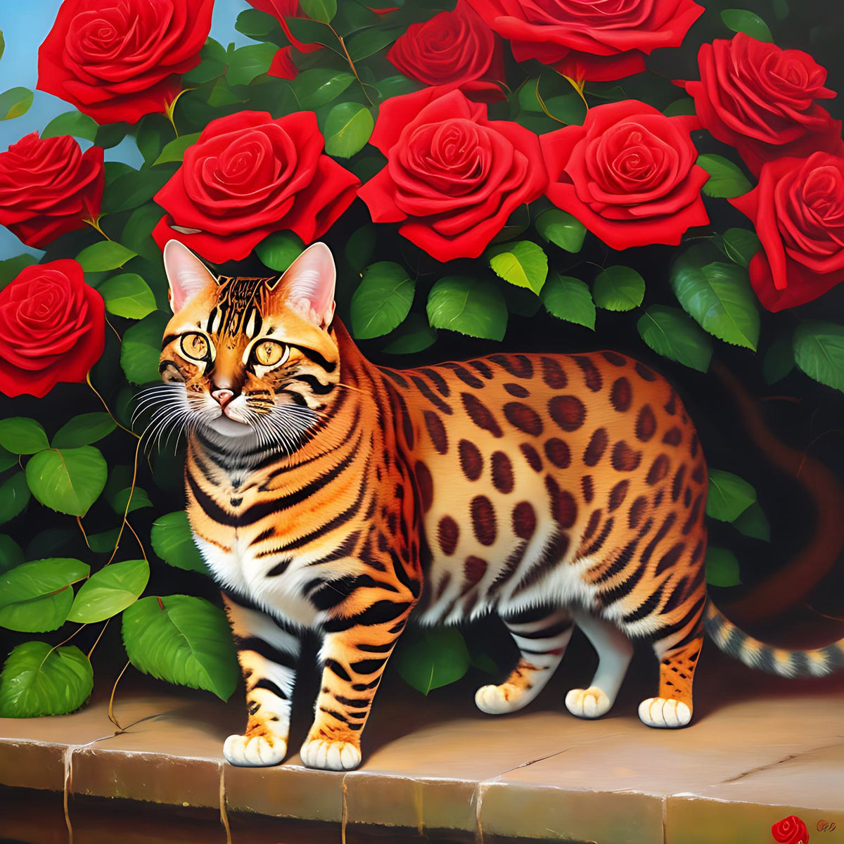 Bengal Cat And Red Roses Diamond Art Kit