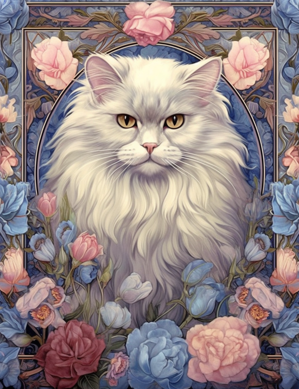White Persian In Flowers Diamond Art Kit
