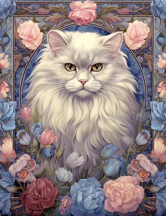 White Persian In Flowers Diamond Art Kit