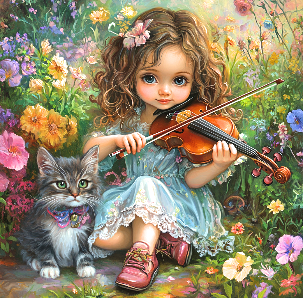 Brown Hair Violin Girl Cat Diamond Art Kit