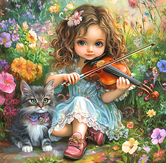Brown Hair Violin Girl Cat Diamond Art Kit