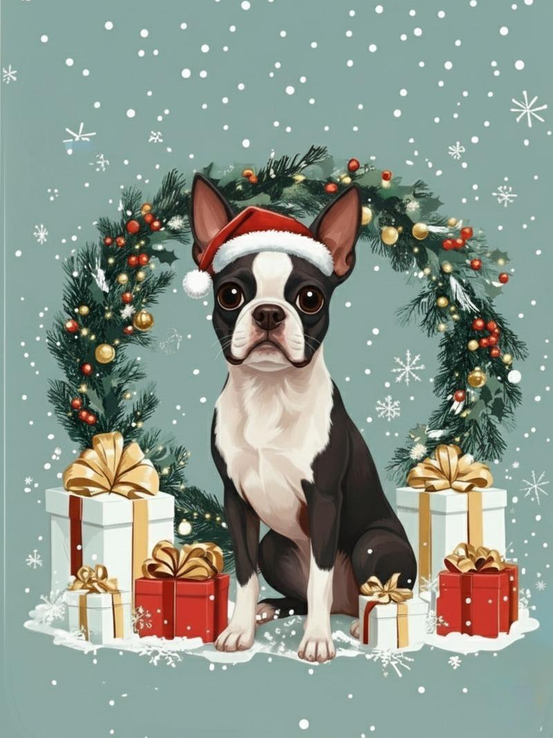 Christmas Arch And Presents Blackandwhite Boston Terrier Diamond Art Kit