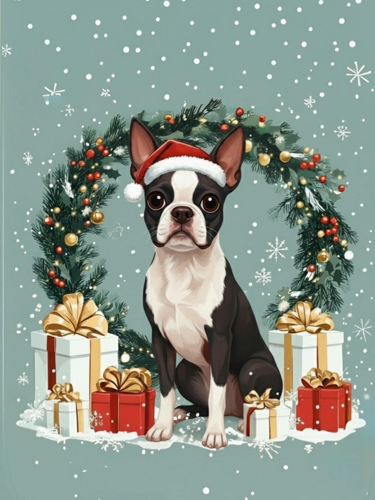 Christmas Arch And Presents Blackandwhite Boston Terrier Diamond Art Kit
