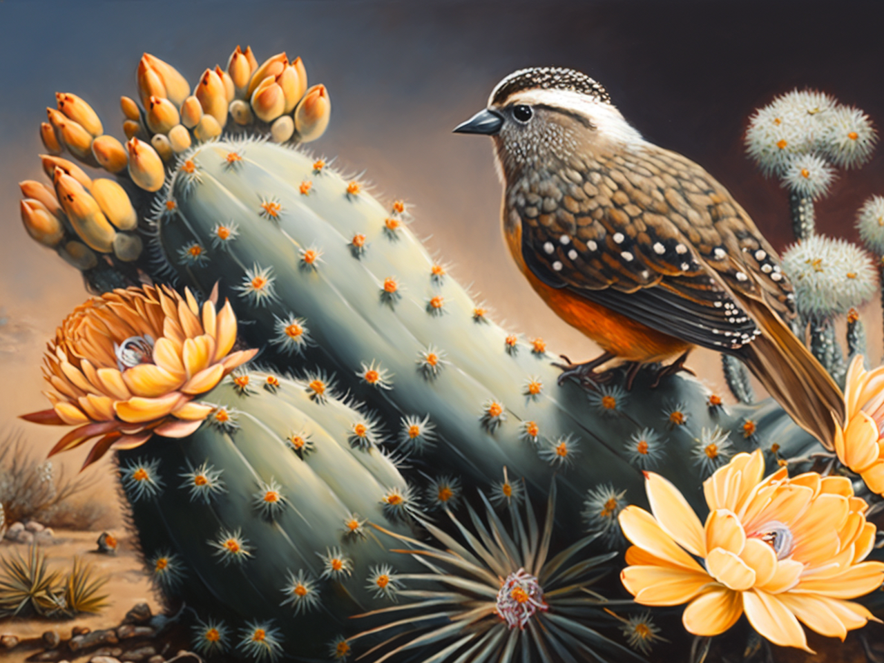 Orange Cactus Flower Bird Diamond Art Kit