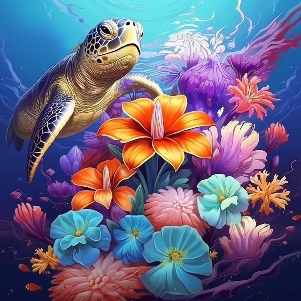 Flowers And Sea Turtle Diamond Art Kit