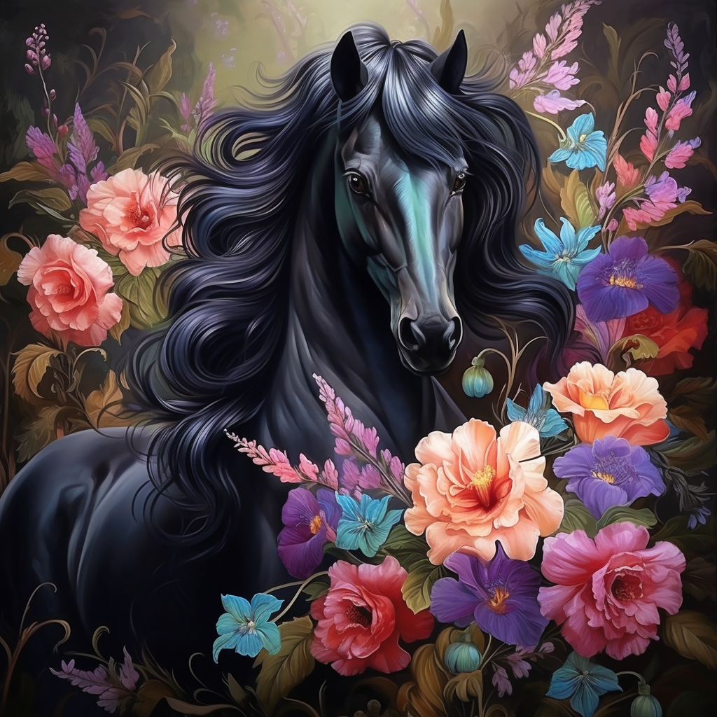Blue Muzzle Black Stallion Flowers Diamond Art Kit