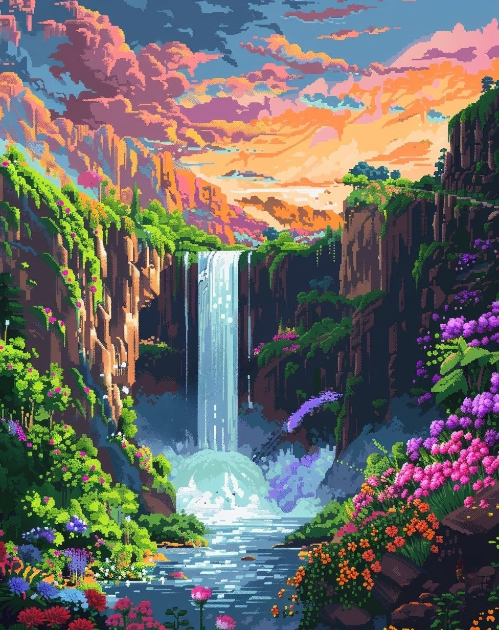 Cliff Waterfalls And Flowers Diamond Art Kit