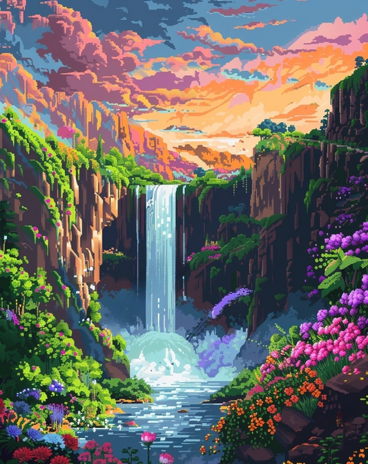 Cliff Waterfalls And Flowers Diamond Art Kit