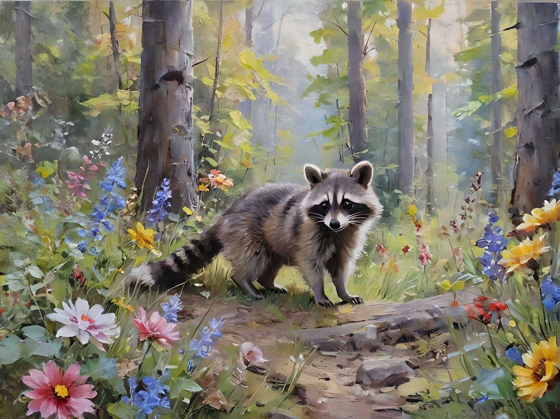 Raccoon Forest Flowers Diamond Art Kit