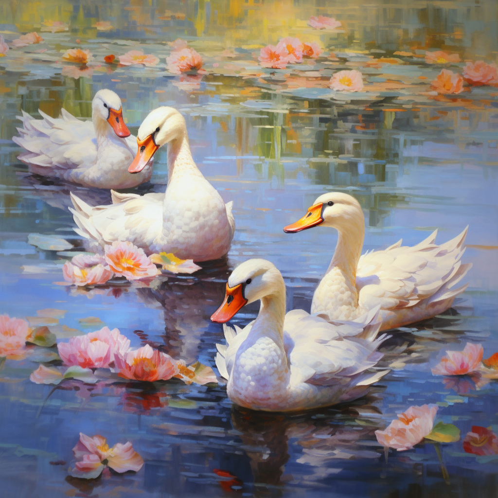 Four White Geese In The Pond Diamond Art Kit