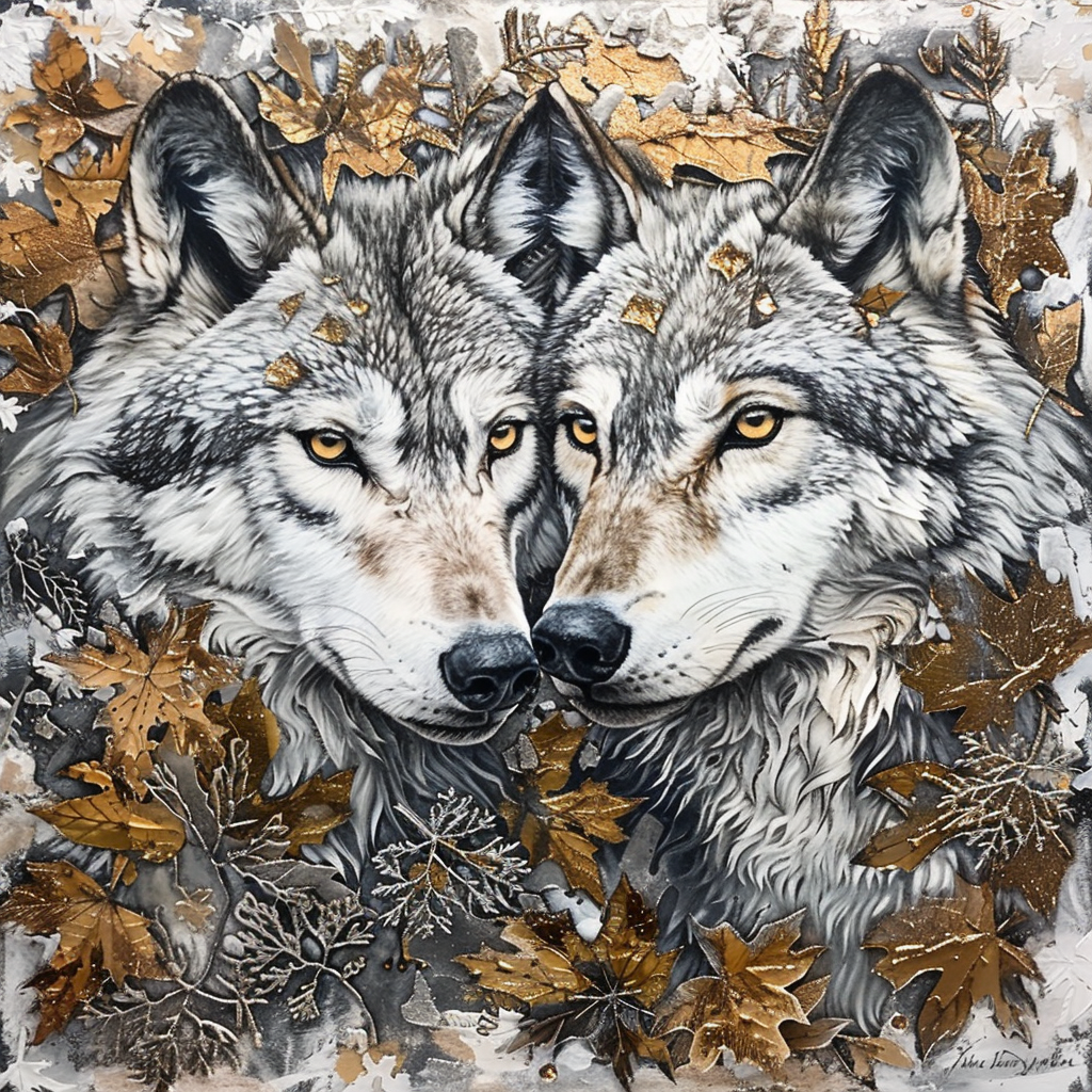 Two Wolves In Golden Foliage Diamond Art Kit