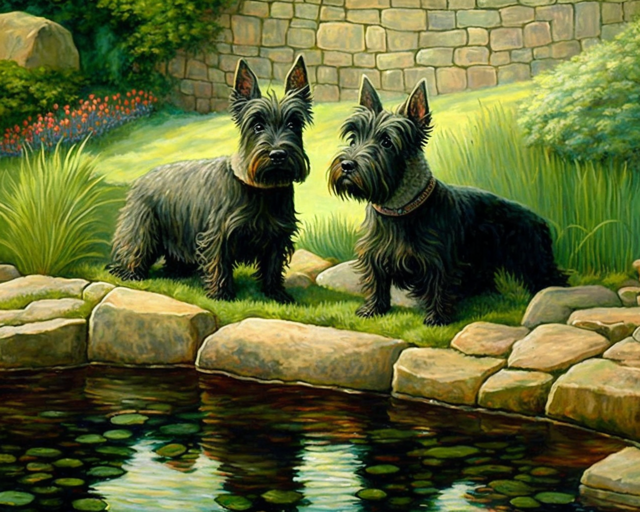 Two Scottish Terriers Pond Diamond Art Kit