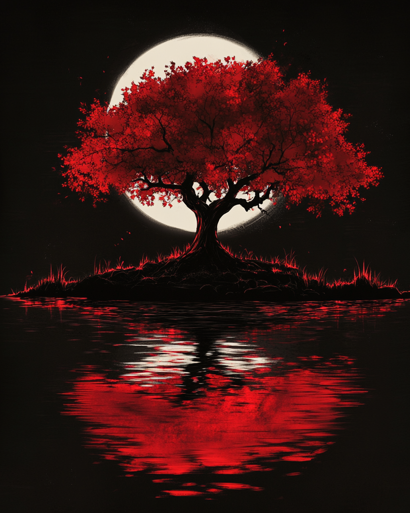 Moon Behind A Red Tree Diamond Art Kit