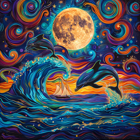 Abstract Swirl Dolphins And Moon Diamond Art Kit