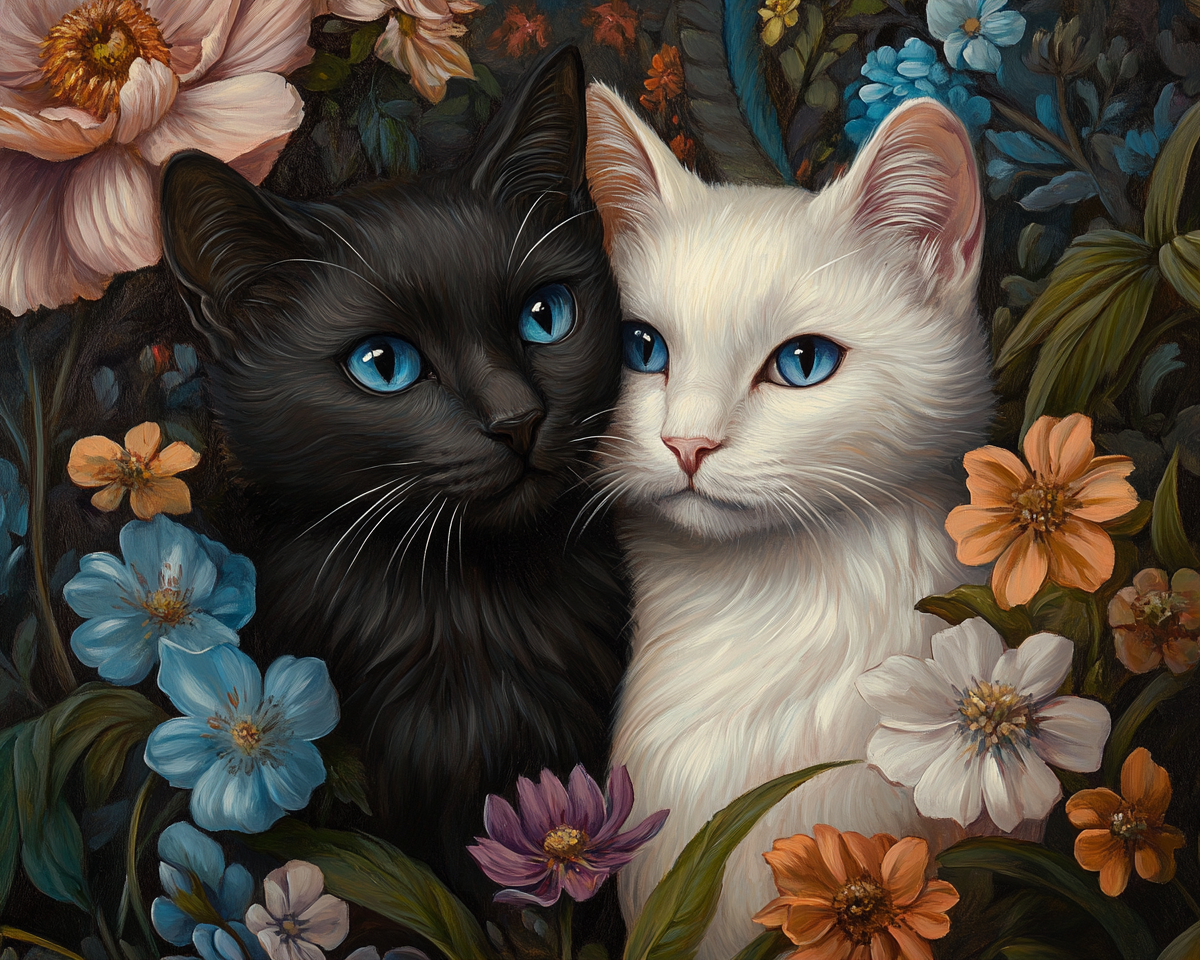 Black White Cats Flowers Diamond Art Kit