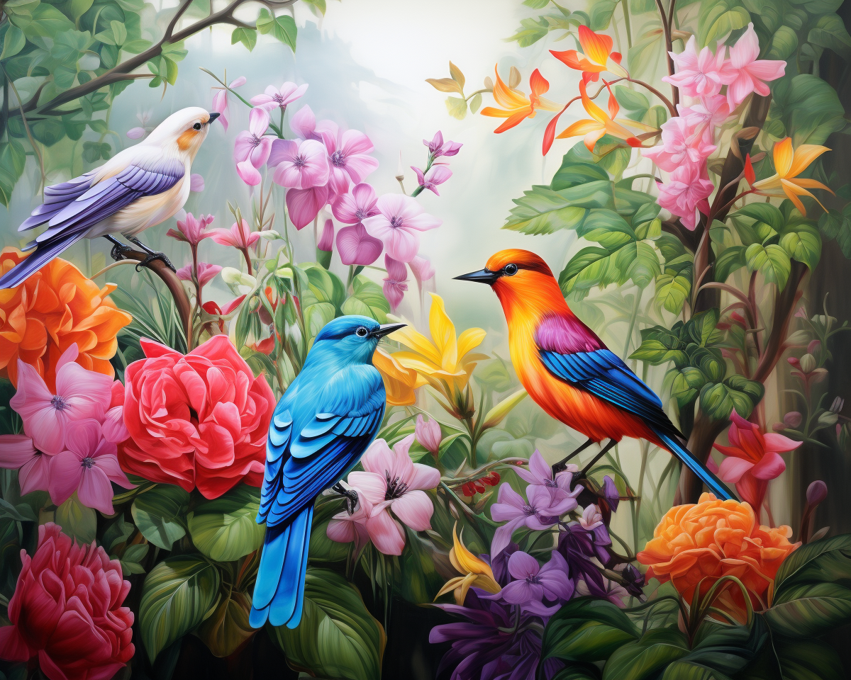 Three Flower Garden Birds Diamond Art Kit