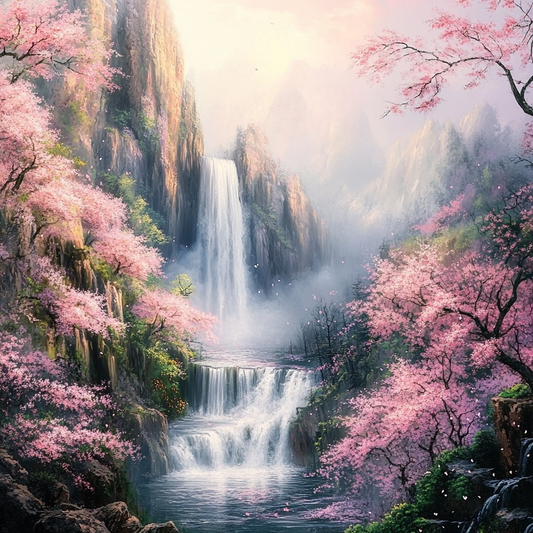 Flowering Falls And Pink Flowers Diamond Art Kit