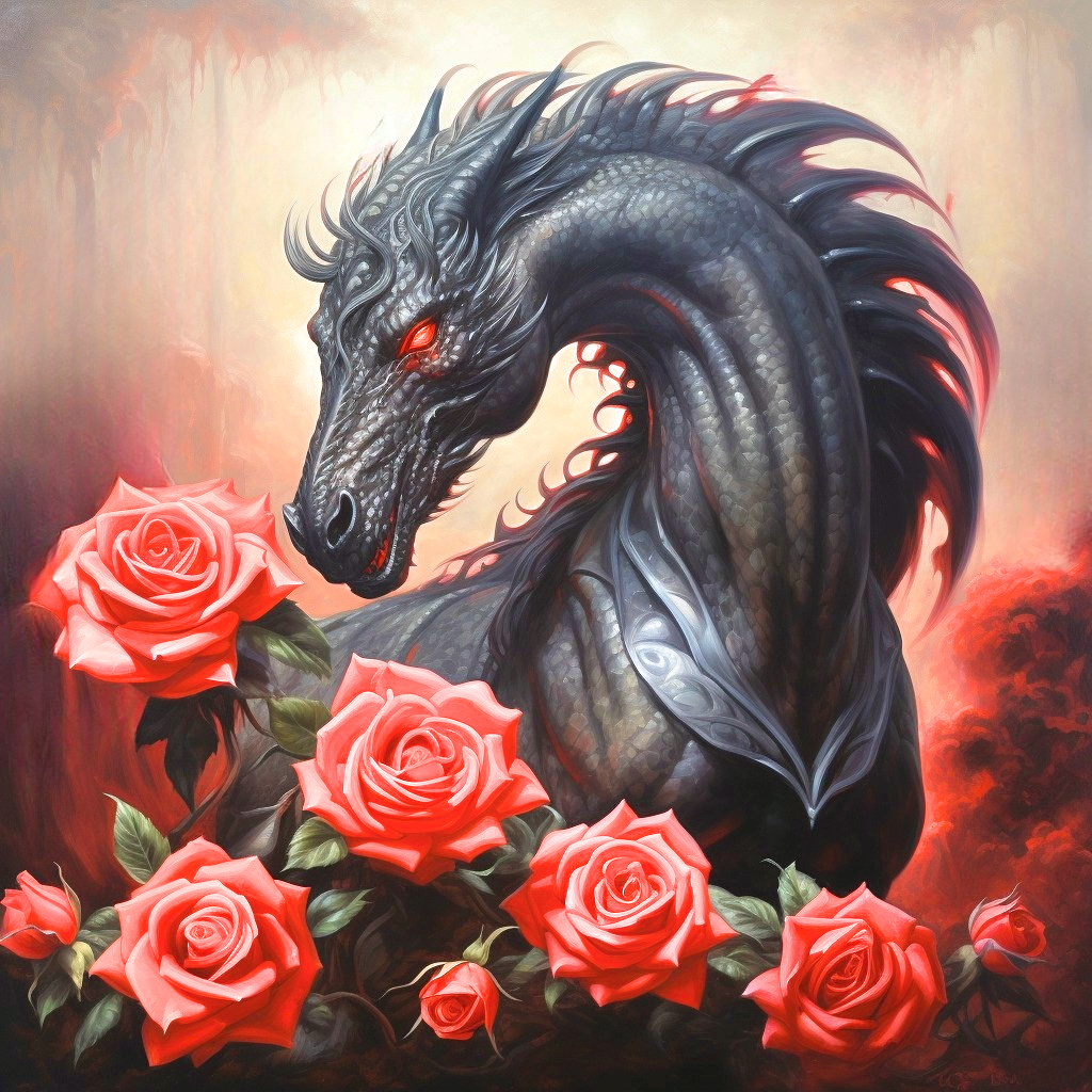 Black Dragon Horse Roses Diamond Art Kit