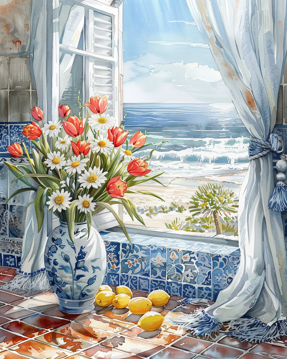 Daisy Tulip Blue Vase Bouquet Diamond Art Kit