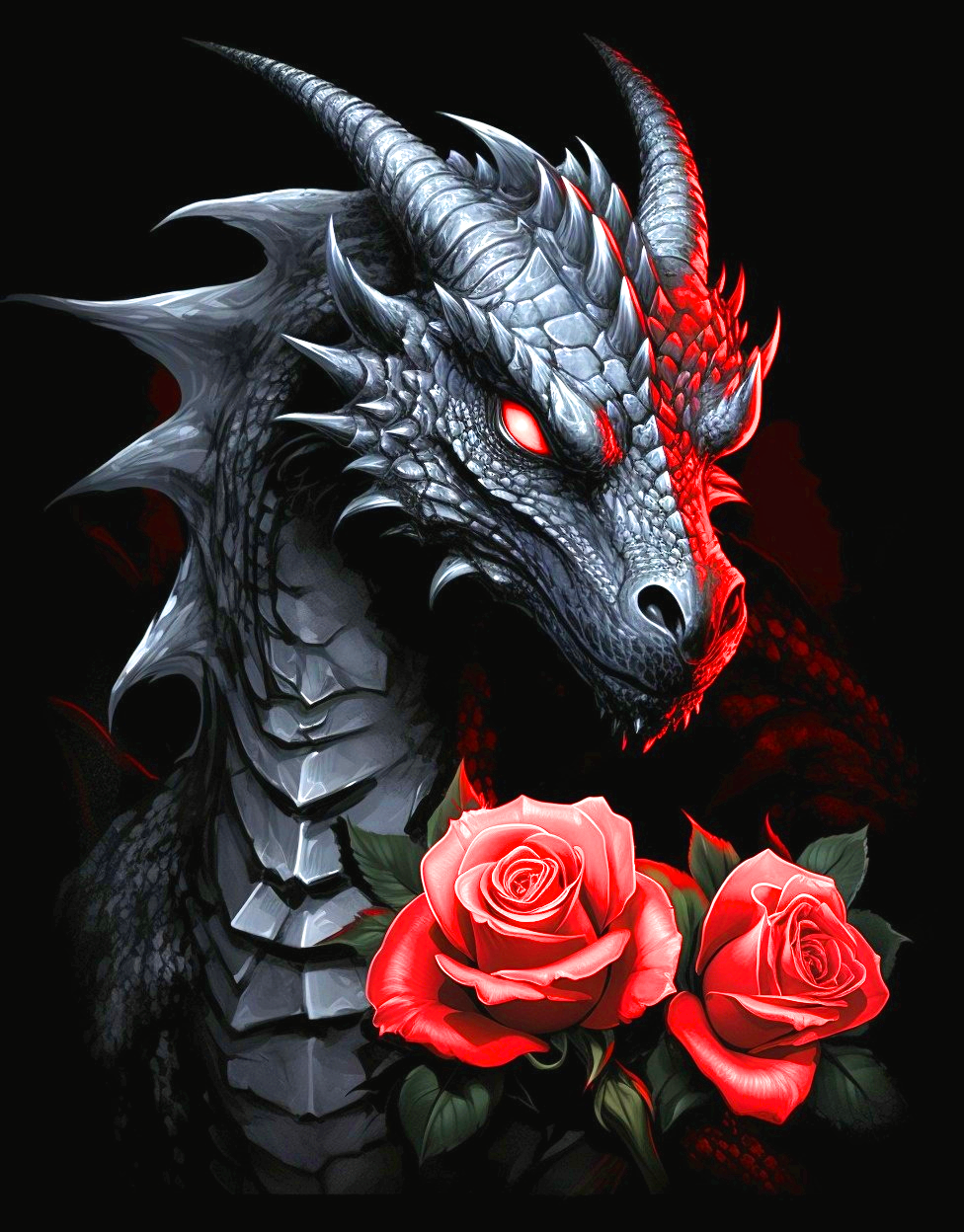 Black Dragon With Two Roses Diamond Art Kit