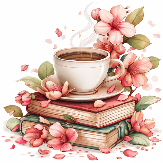 Pink Blossom Coffe Cup Books Diamond Art Kit