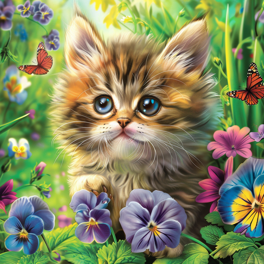 Kitten In Pansies Diamond Art Kit